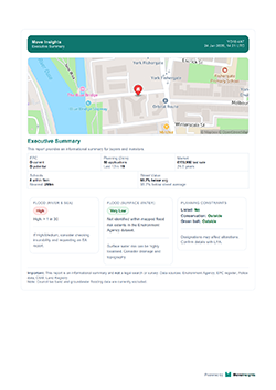 Executive summary with key metrics: flood risk, EPC, planning activity, and market data